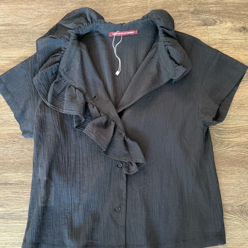 Comptoir Des Cotonniers Black Ruffled Button Down Shirt
